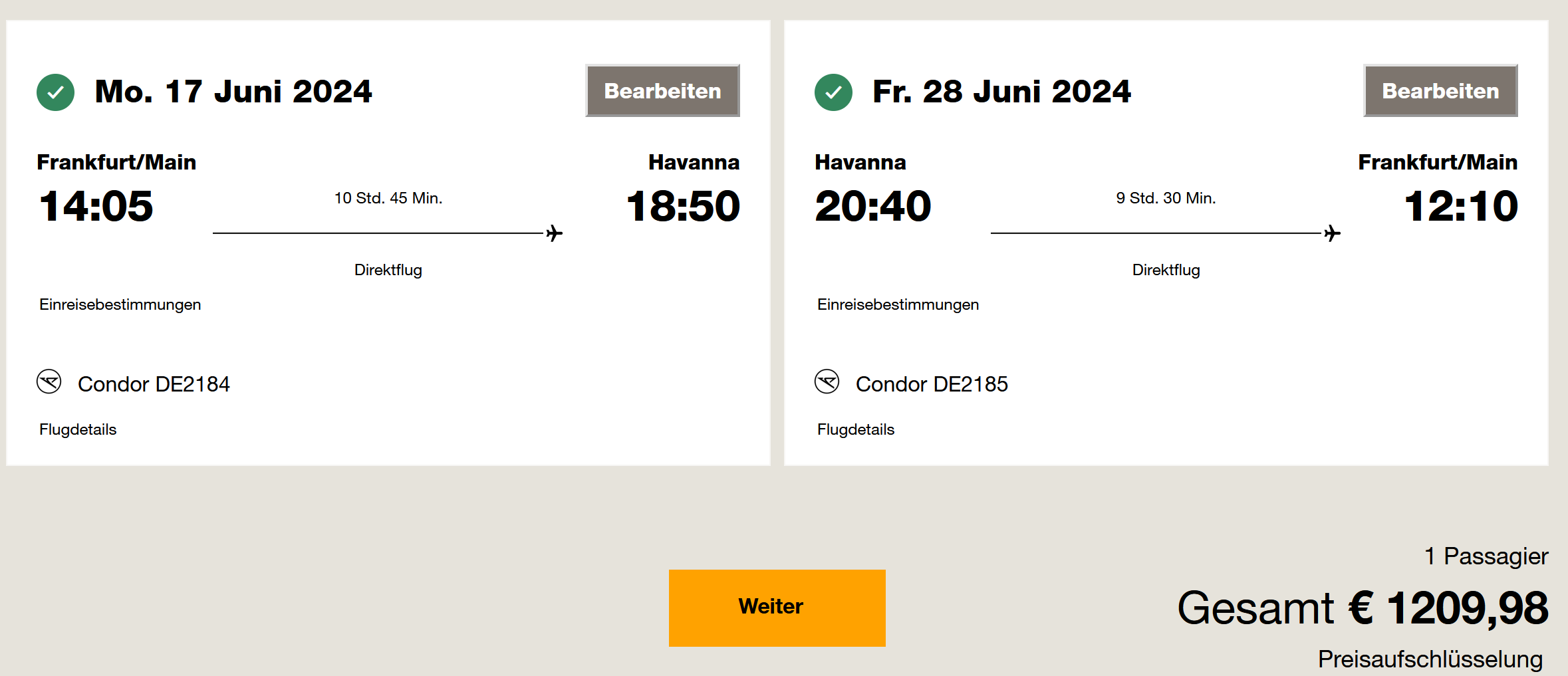 Condor Business Class nach Kuba von Frankfurt
