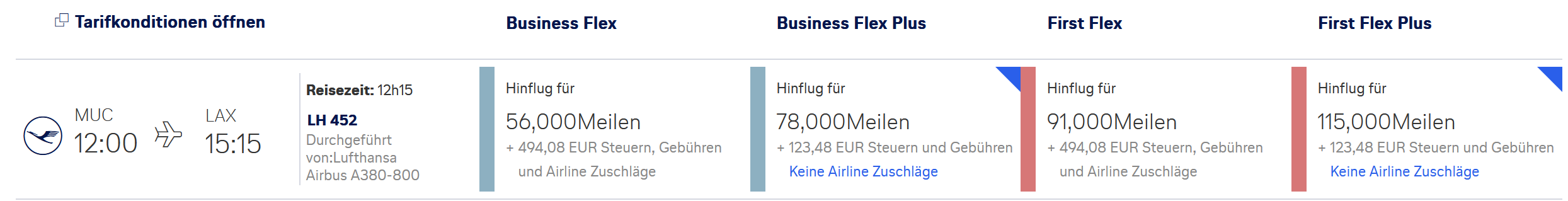 Ein einfacher oneway First Class Flug von Mnchen nach Los Angeles kostet euch knapp 500 zustzlich an Steuern Gebhren Quelle miles-and-morecom
