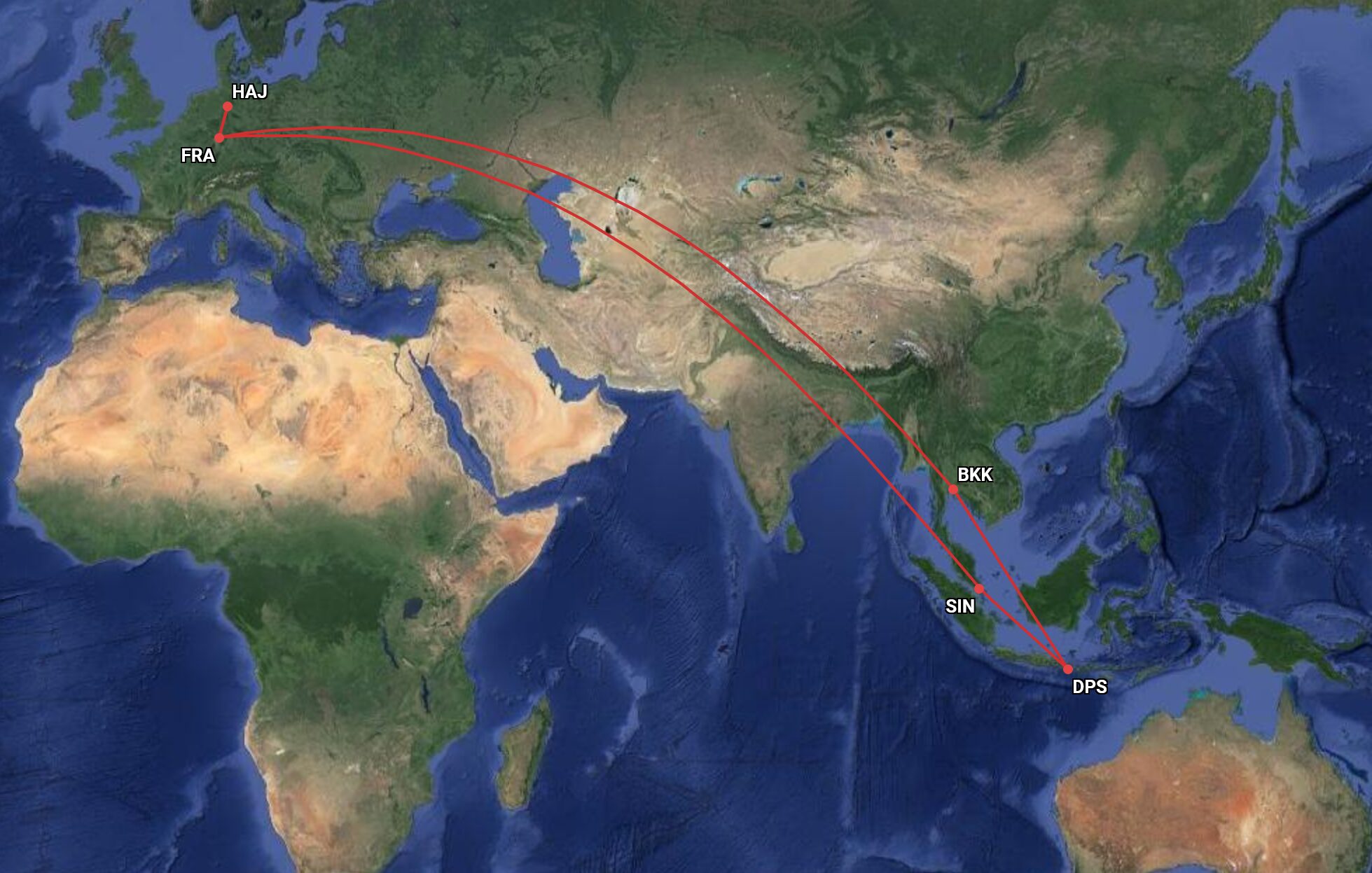 Ein Beispiel fr ein komplexes Routing nach Bali Quelle greatcirclemapcom